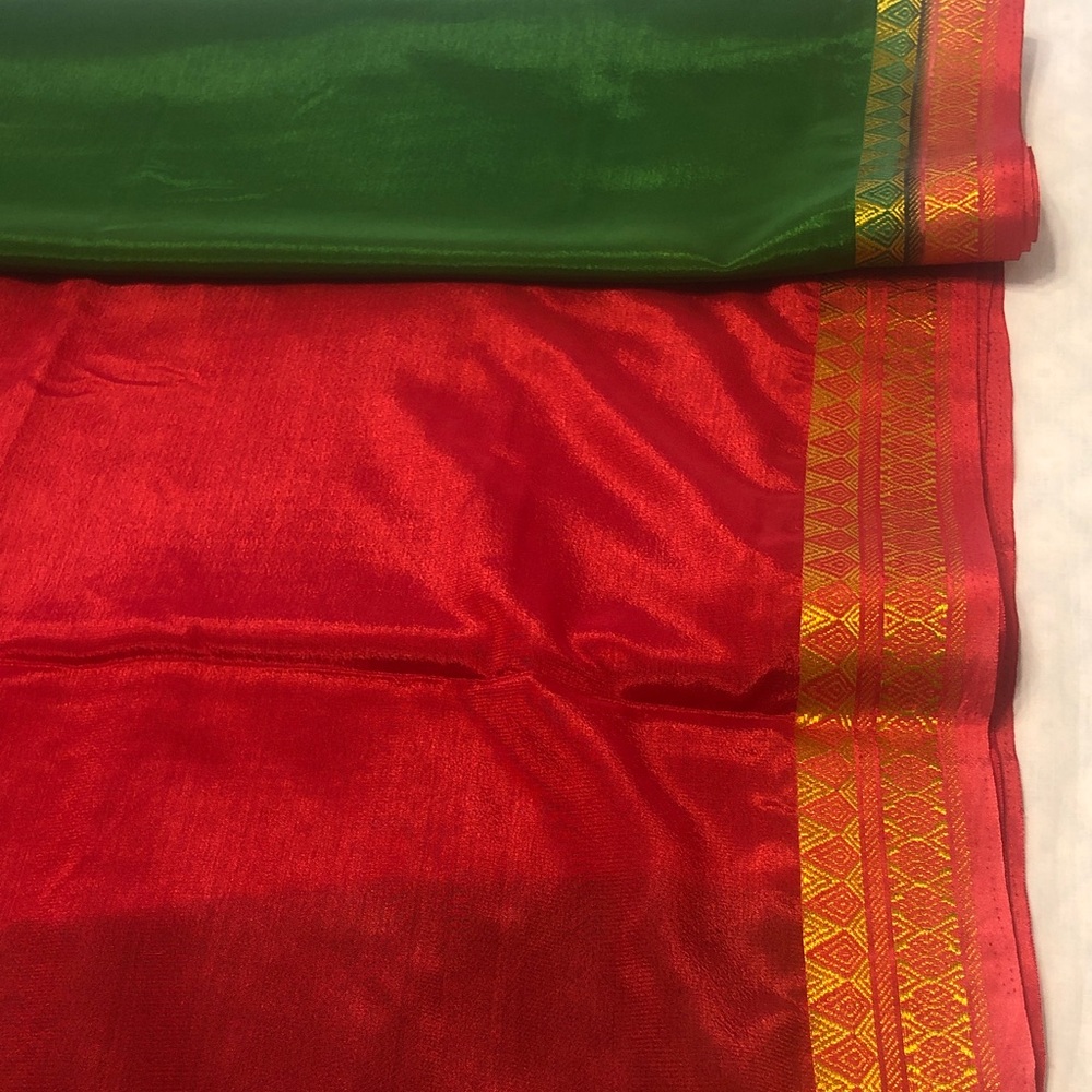 Silk Sari Fabric in Red and Green with Gold Border